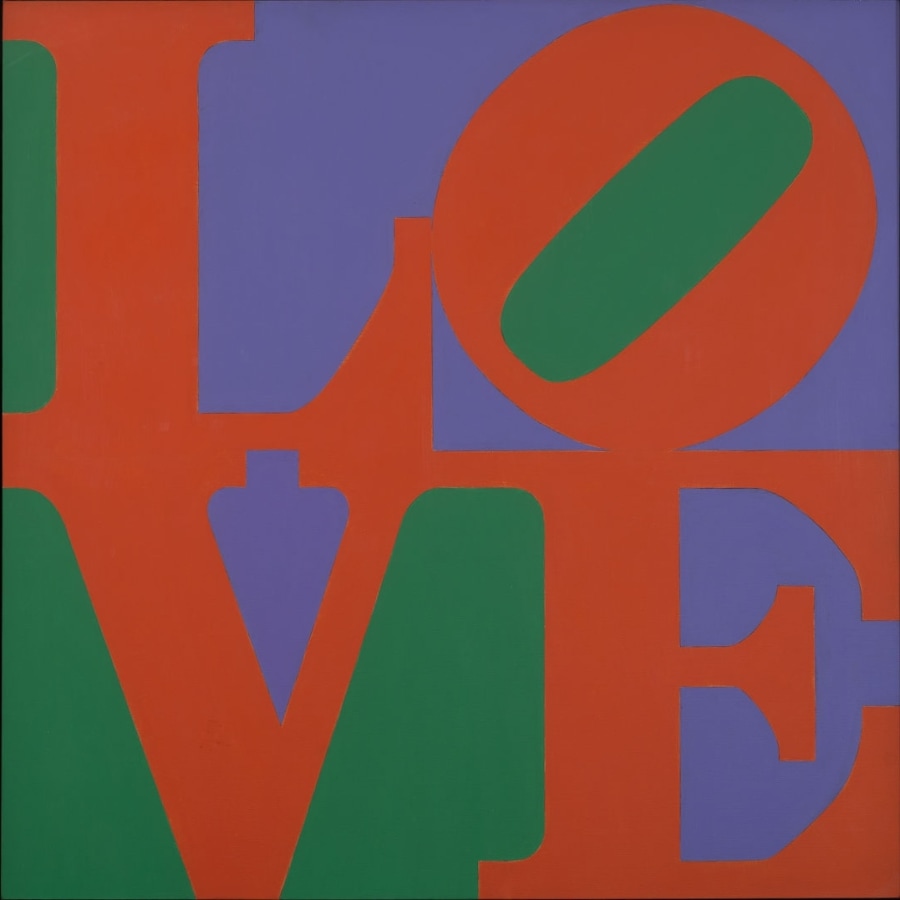 A square painting spelling LOVE, with the letters L and a tilted O on top of the letters V and E. The letters are red, set off against areas of purple and green. 