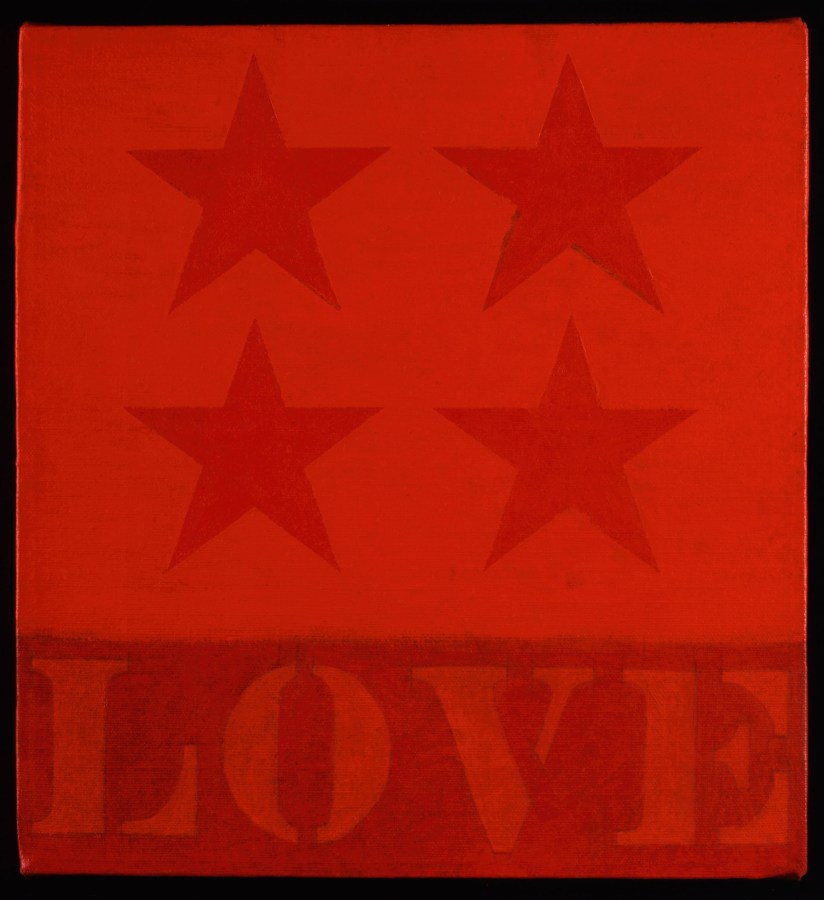 A 12 by 11 inch red painting titled 4-Star Love and consisting of two rows of two stars in the upper two thirds of the canvas, and the word love painted in red stenciled letters against a darker red band of color