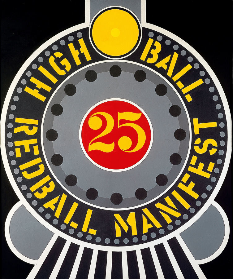 A painting with a black ground, dominated by a circular image resembling the front of a train. In the center of the painting a red circle holds a yellow number 25. This circle is within a gray circle with small black circles all around its edge. Wrapping around this circle is a black ring with the text "High Ball Redball Mannifest" painted in stenciled yellow letters and small gray circles around the text. A larger yellow circle sits between the words High and Ball