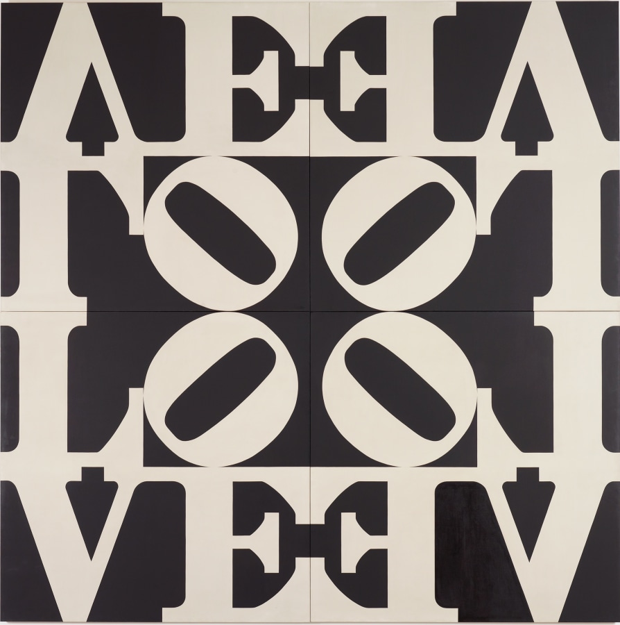 A square painting consisting of four identical panels, each with a white letter L and a white tilted letter O over the white letters V and E, against a black ground. The panels are arranged so that the Os are in the center, facing inward; thus the top two panels are hung upside down.