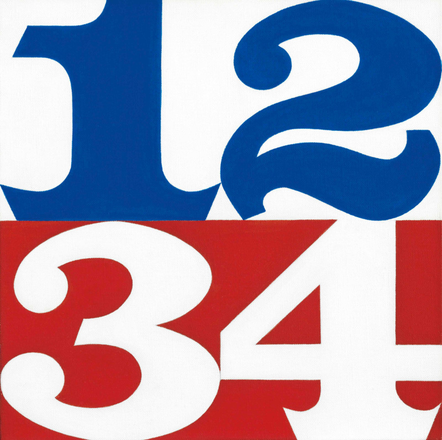 A square painting, the top half consisting of the numerals one and two in blue against a white background, and the bottom half of the numerals three and four in white against a red background.