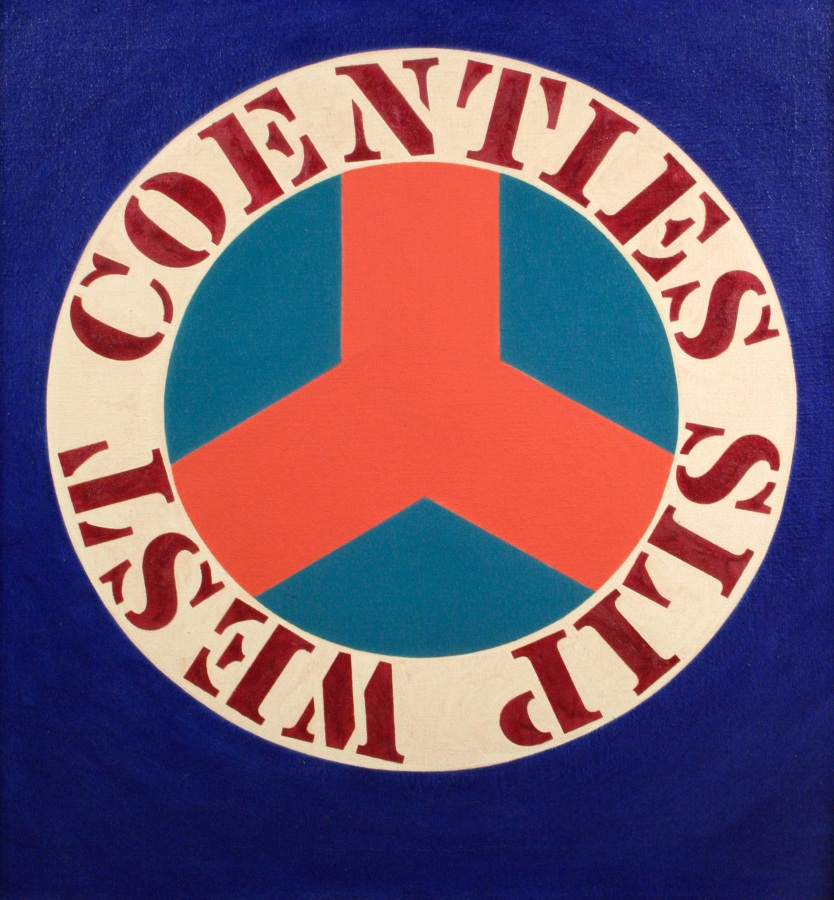 A 24 by 22 inch blue painting featuring a circle with the painting's title Coenties Slip West in red stenciled letters in a white ring around its perimeter. Inside the circle is a red stylized representation of Coenties Slip 