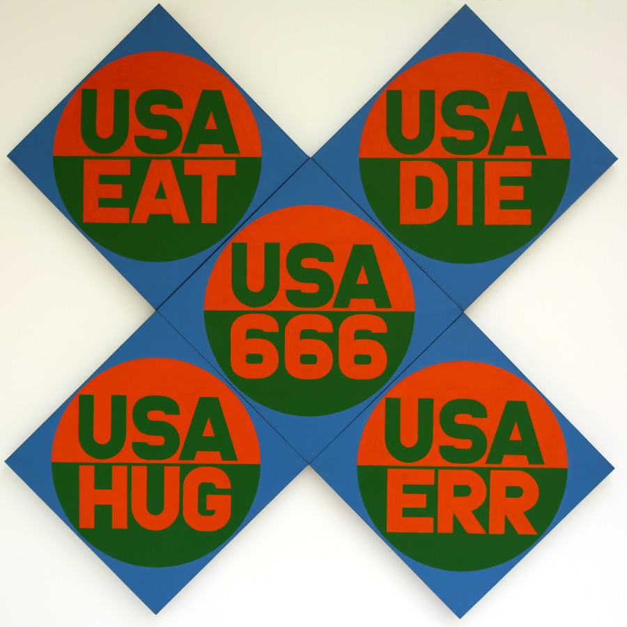An x-format painting, made up of five panels, each with a blue background and circle divided in two, the top half red with USA painted in green, and the bottom green with a red word. The words are, clockwise from top left, "EAT,""DIE," "ERR," "HUG," and in the central panel "666."