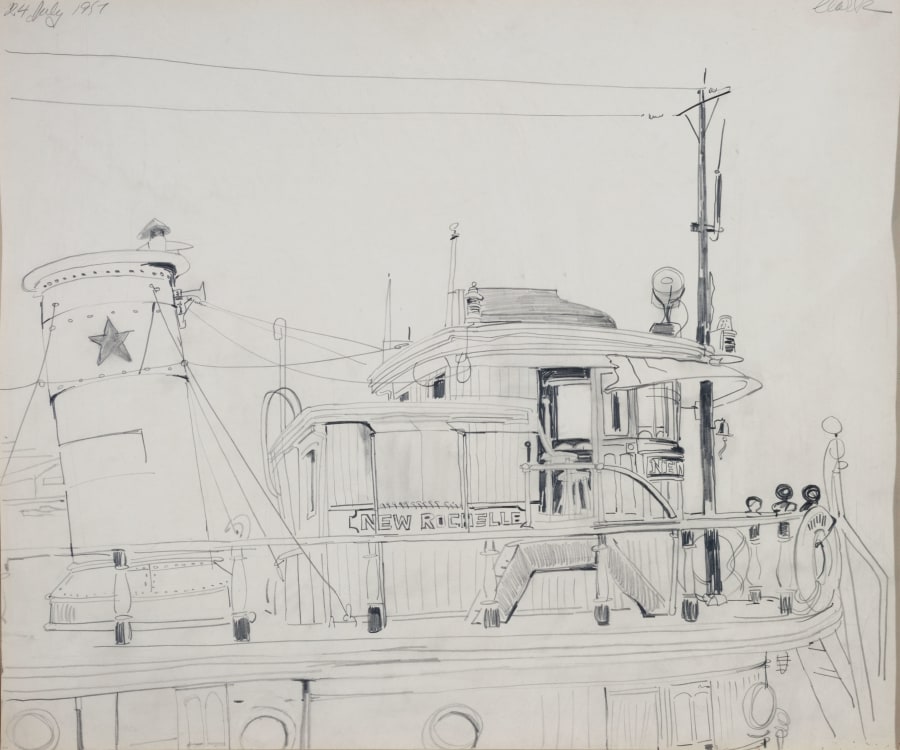 Drawing of the upper front part of a tugboat, with the wheelhouse and smoke stack. The boat's name, New Rochelle, is visible on the side.
