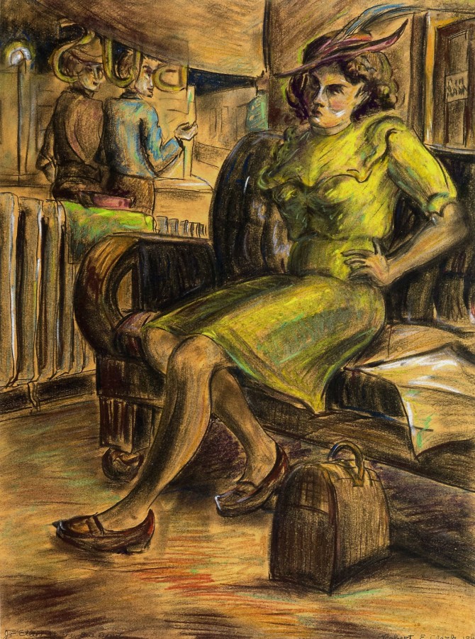 A watercolor of a woman in a yellow dress seated on a bench at a bus depot.  A bag is next to her on the ground. Two men are in the background, and one is looking at her.
