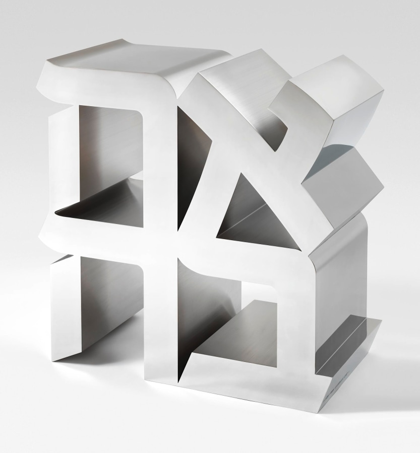 AHAVA, a 48-inch stainless steel sculpture of the Hebrew word for love in the same quadripartite composition as his earlier LOVE sculpture.