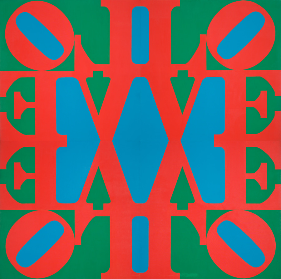 A square painting consisting of four identical panels, each with a red letter L and a red tilted letter O over the red letters V and E, against a blue and green ground. The panels are arranged so that the Os are facing outwards, towards a corner of the work, with the two bottom canvases oriented upside down.