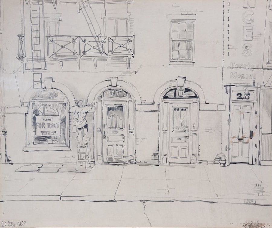 Drawing by Robert Indiana of Jack Youngerman cleaning the front of his loft at 27 Coenties Slip. He stands on a step stool in between his door and a window with a For Rent sign. To the right is part of Indiana's loft at 25 Coenties Slip