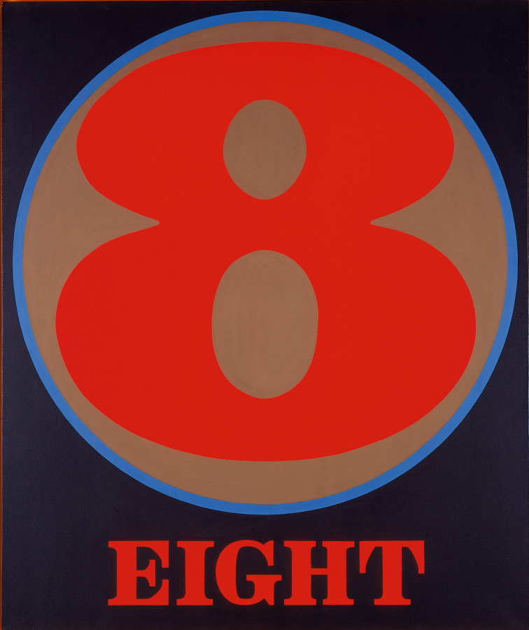 A black canvas dominated by a red numeral eight within a brown circle with a blue outline. Below the circe the work's title, "Eight," is painted in red letters.