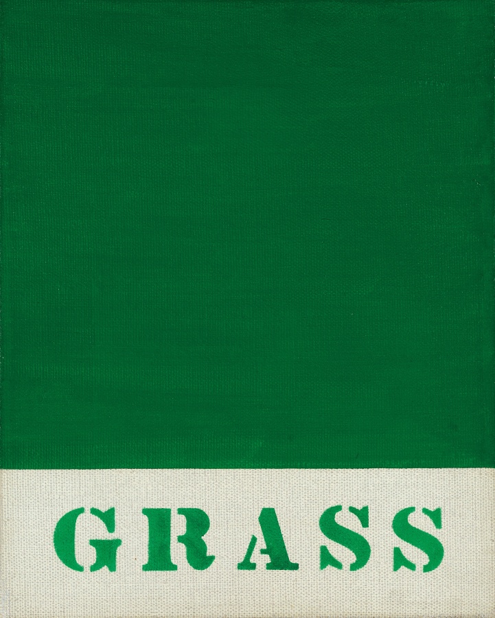 A painting dominated by a green field of color. The bottom quarter of the canvas contains the work's title, Grass, in green stenciled letters against the white canvas.