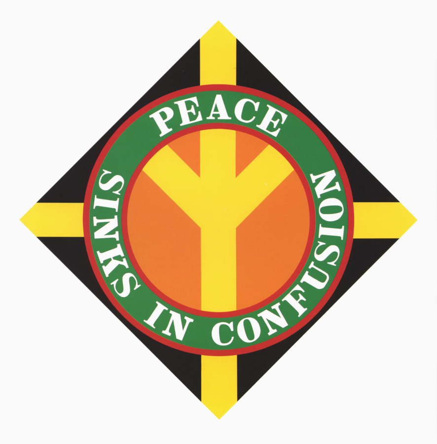 A diamond shaped black painting with an upside down yellow peace sign in an orange circle. The ring around the circle is green with red outlines. In it the work's title, "Peace Sinks in Confusion," is painted in white letters. "Peace" appears on the top half, and "Sinks in Confusion" appears on the bottom half. Yellow rectangular bands of paint go from the outer edge of the circle to each corner of the triangle.