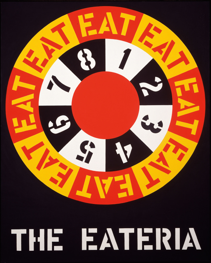 A 60 1/4 by 47 7/8 inch painting consisting of a large circular design and text against a black ground. The work's title, "The Eateria," appears in white stenciled letters across the bottom of the canvas. Above this is a red circle surrounded by a ring containing the numerals one through eight alternating between black against a white ground and white against a black ground. This is surrounded by a ring containing the word EAT, painted in stenciled letters eight times, alternating between yellow letters against a red background and red letters against a yellow background.