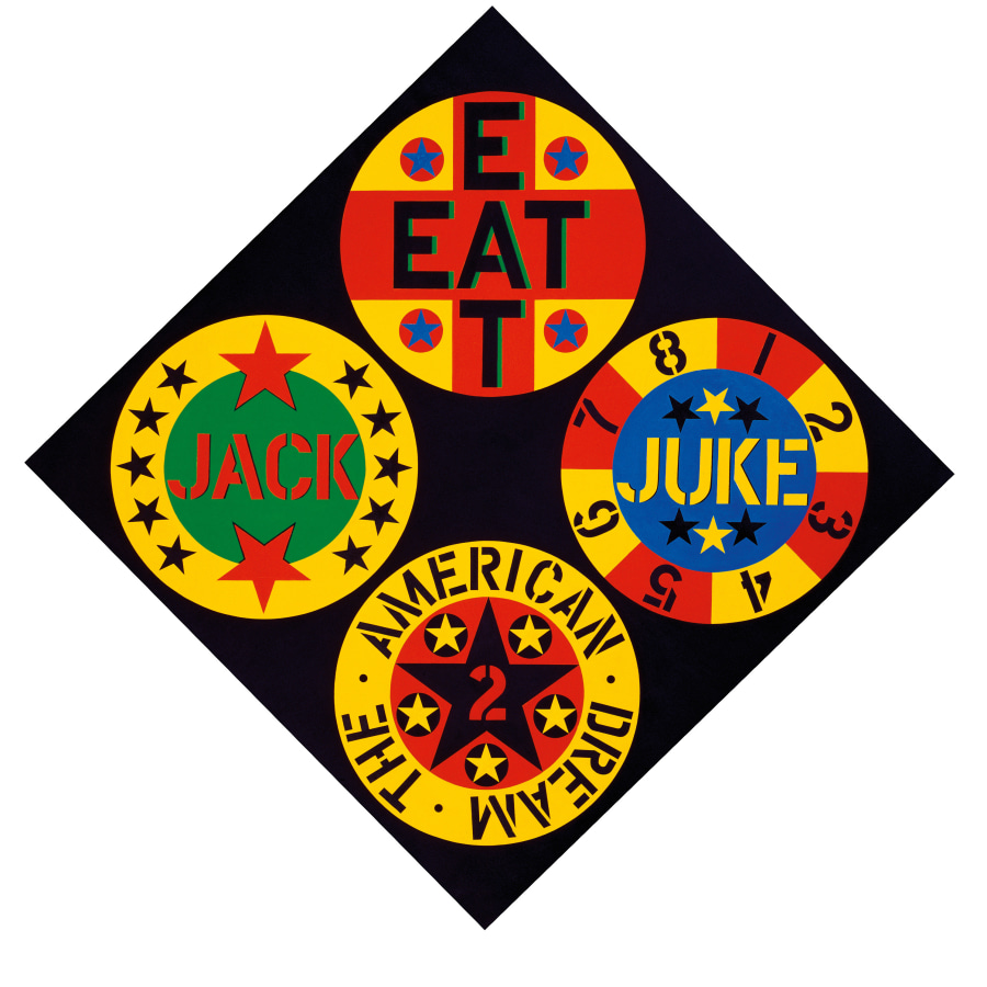 A black diamond-shaped canvas containing four circles. The yellow circle at the top corner contains the word EAT, in black letters, painted twice in a cruciform design, against a red cross, and four smaller red circles containing a blue star. The blue circle in the right corner of the diamond contains the word juke in yellow, and two black and one yellow star both above and below the word. Surrounding it is a yellow and red ring with the numerals one through eight in black. The red circle at the bottom of the canvas contains a black star with a red numeral two, and smaller black circles with yellow stars in between the arms of the black star. Surrounding the circle is a yellow ring with "The American Dream" painted in black. The green circle in the left corner of the diamond contains the word Jack painted in red, with a red star above and below. It is encircled by a yellow ring with ten black stars.