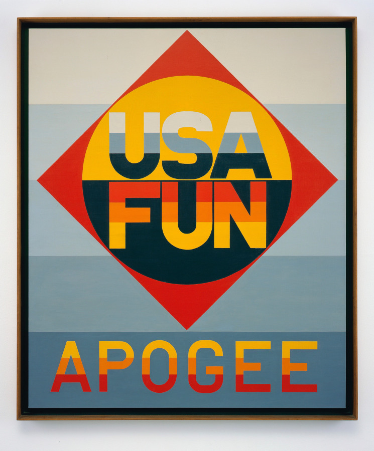 A painting with a ground of five horizontal stripes, starting with a very light gray and getting progressively darker. The work's title, Apogee, is painted across the darkest stripe at the bottom, in yellow, orange and red striped letters. Above the title is a red diamond with a circle. The top half of the circle is yellow, with the text USA; each letter is three shades of gray, from lightest at top to darkest at bottom. The lower half of the circle is black, with the word fun, each letter consisting of a red, orange, and yellow stripes.