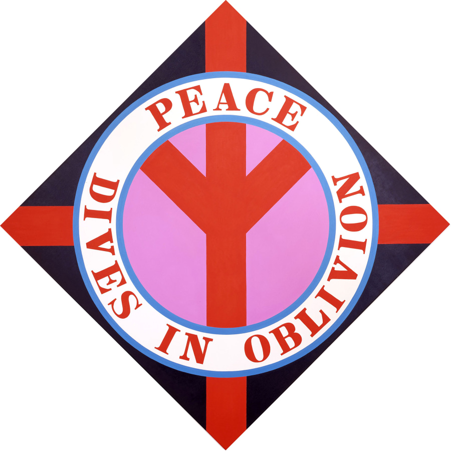 A diamond shaped black painting with an upside down red peace sign in a pink circle. The ring around the circle is white with blue outlines. In it the work's title, "Peace Dives in Oblivion," is painted in red letters. "Peace" appears on the top half, and "Dives in Oblivion" appears on the bottom half. Red rectangular bands of paint go from the outer edge of the circle to each corner of the triangle.