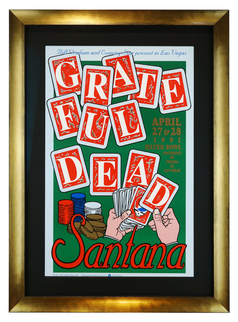Poster for Grateful Dead & Santana, April 27-28, 1991 at Sam Boyd Stadium in Las Vegas. Hand dealing cards with gambling chips