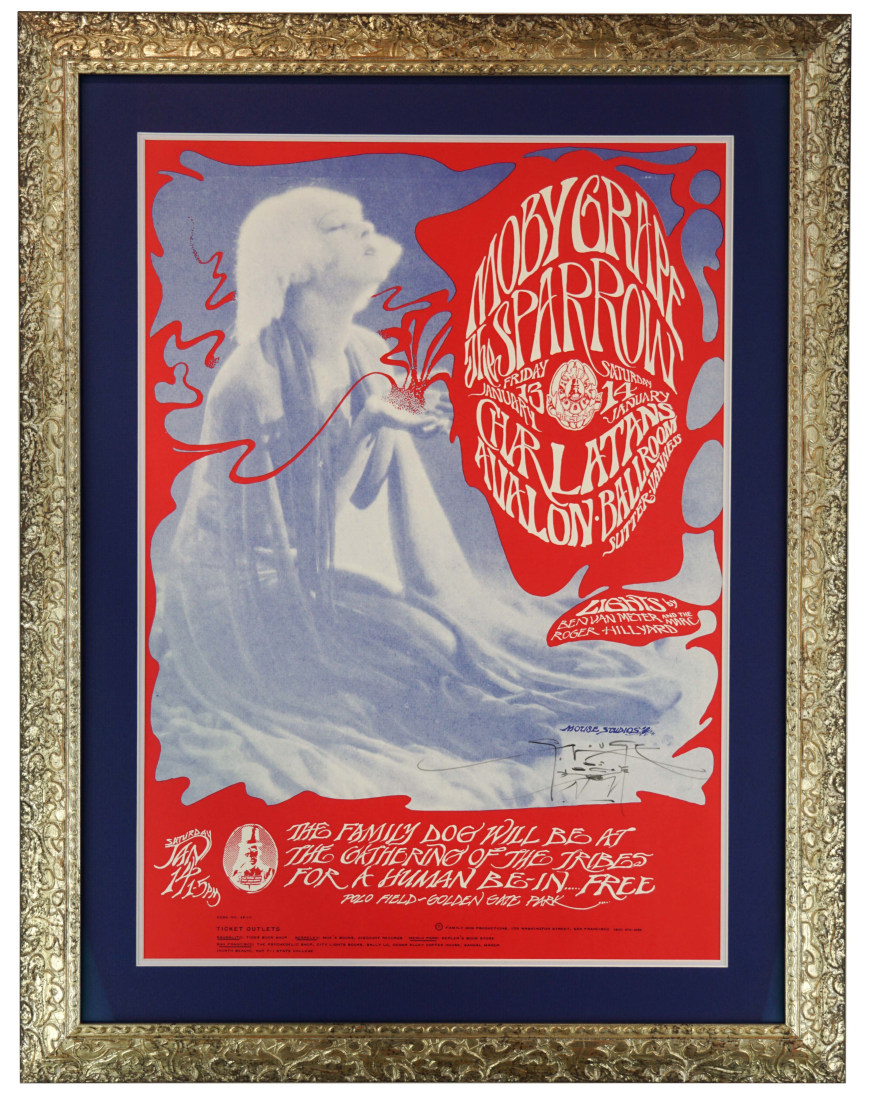 FD-43 poster, January 1967 featuring Moby Grape, The Sparrow and The Charlatans at the Avalon Ballroom by Mouse and Kelley. Pre Human Be-in poster. Alla Nazimova poster from 1923 silent film, Salome.. 