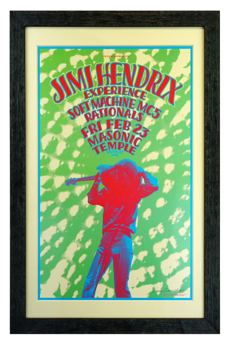 Original Jimi Hendrix concert poster from 1968. By Gary Grimshaw, February 23, 1968 Detroit Hendrix poster