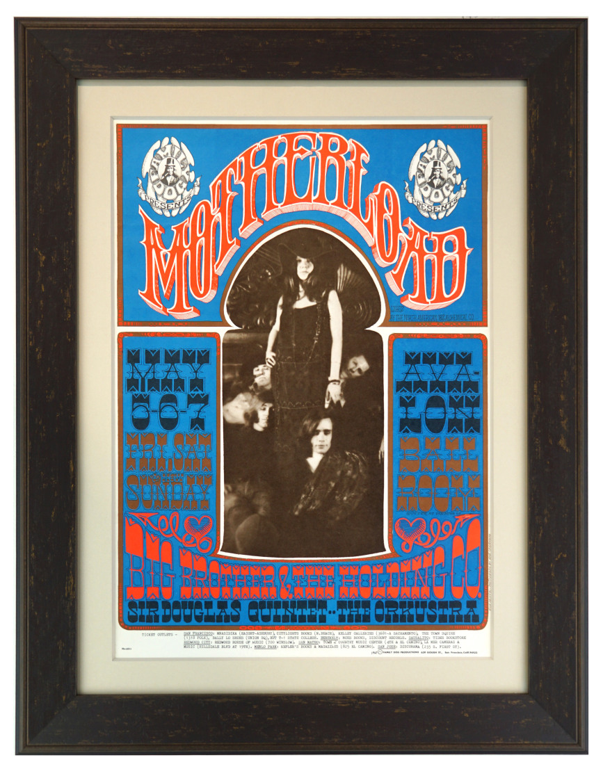 FD-60 poster by Rick Griffin called "Mother Load," May 5-7 1967 at Avalon Ballroom. Janis Joplin 1967 poster. Big Brother and the Holding Company poster. The Orkustra poster. Sir Douglas Quintet poster.
