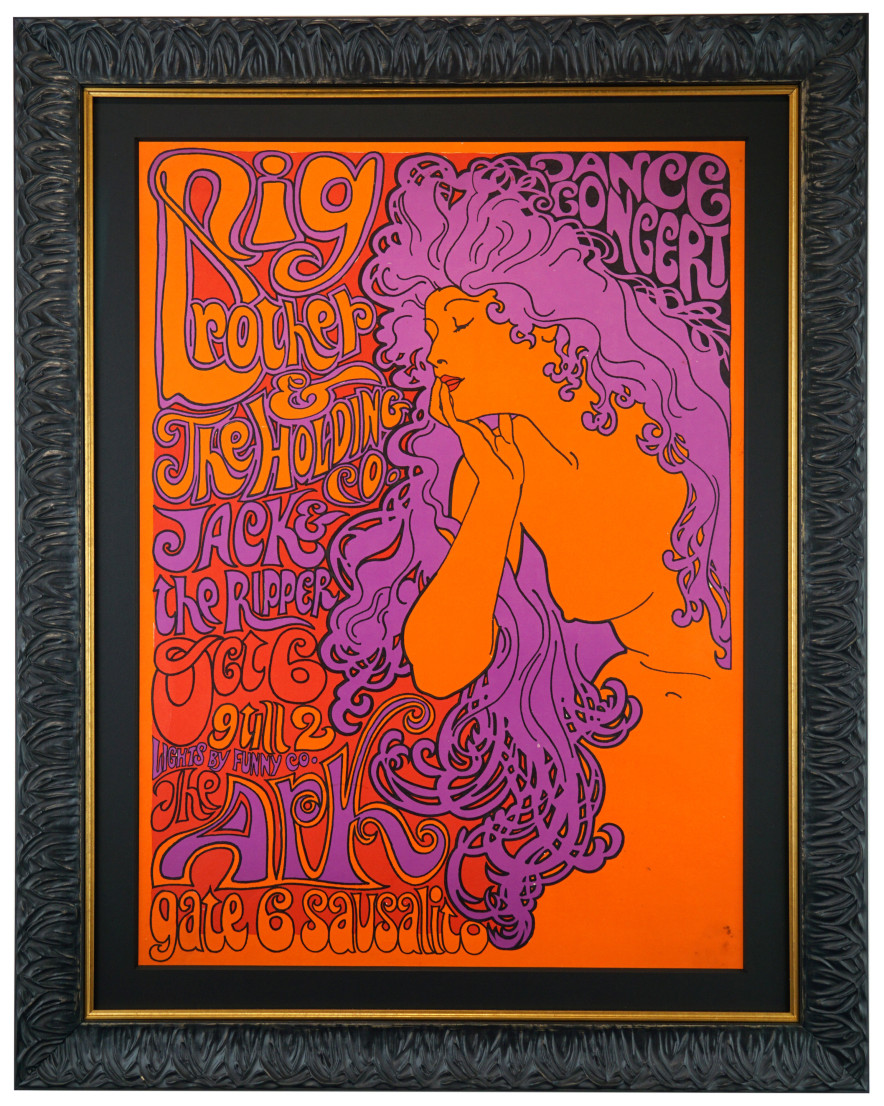 AOR 2.309 poster by John Lichtenwalner. Janis Joplin and Big Brother and the Holding Company at The Ark in Sausalito, October 6, 1967. 1967 psychedelic poster based on the 20th Century Salon De Paris poster by Alphonse Mucha
