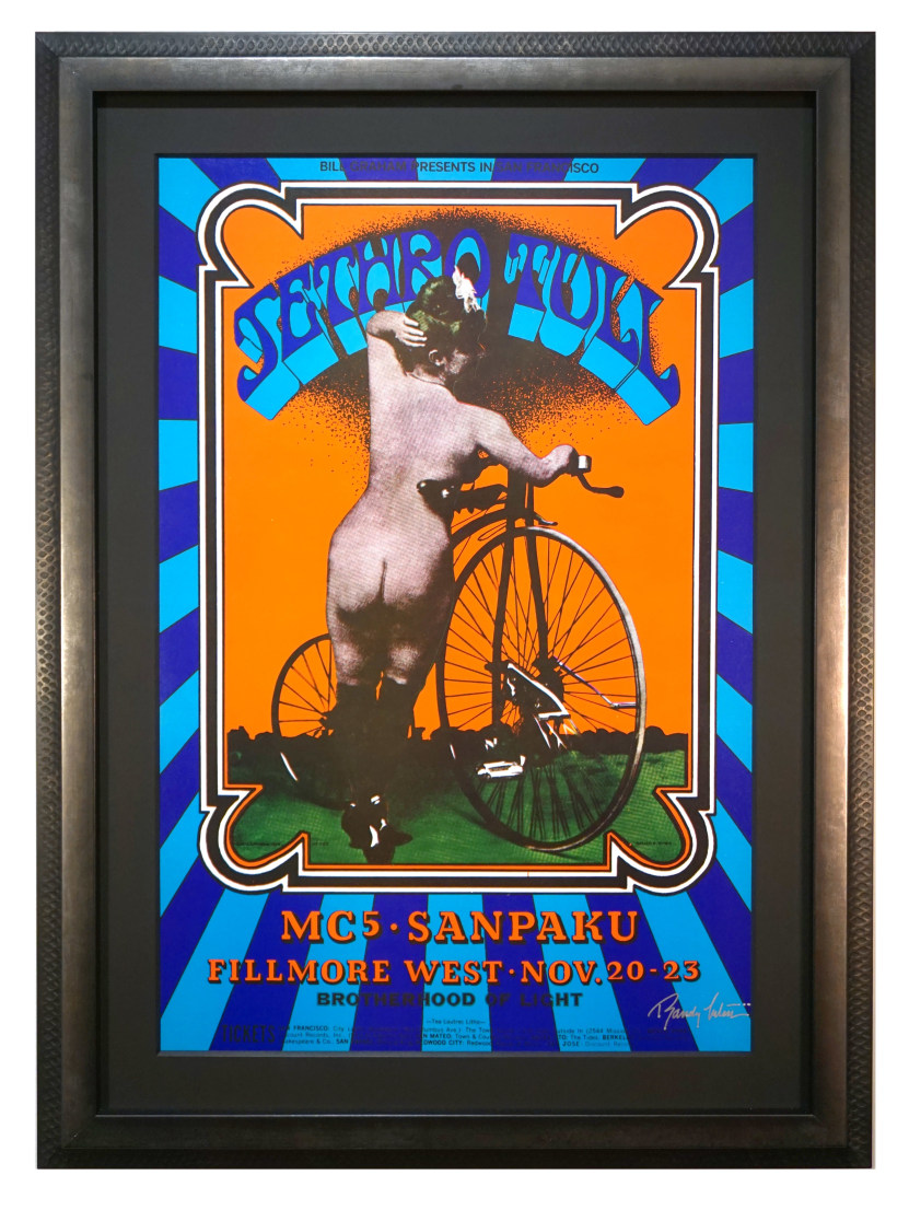 BG-203  Original Jethro Tull 1969 concert poster by Randy Tuten featuring an old time nude Pinup girl from behind and Bicycle