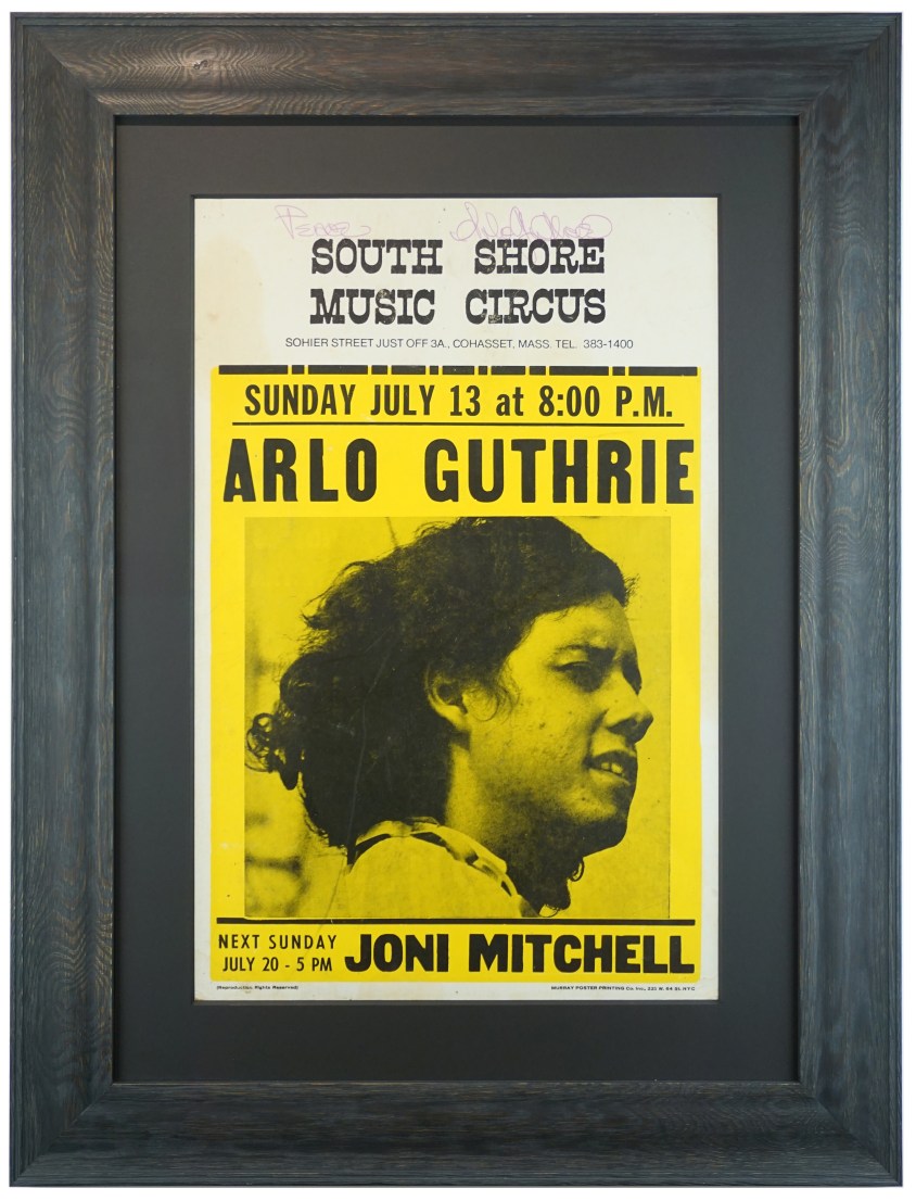 Arlo Guthrie poster 1969. Joni Mitchell poster 1969. South Shore Music Circus poster 1969. July 13, 1969 poster for Arlo Guthrie