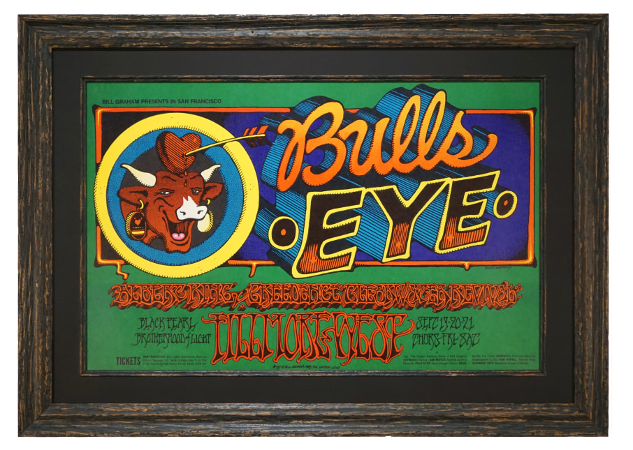 BG-137  Poster from 1968 advertising Creedence Clearwater Revival and Albert King. It's called Bulls Eye and features the cow in Laughing Cow cheese. Artist is Rick Griffin 