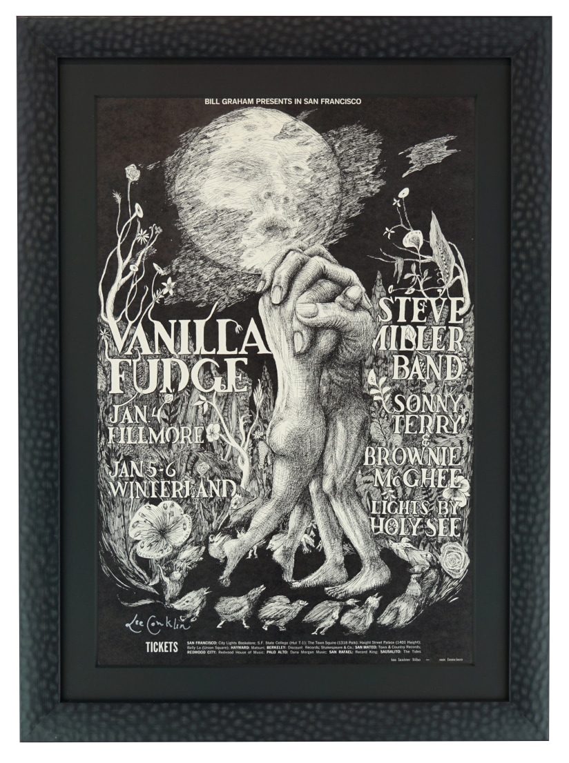BG-101 poster by Lee Conklin. Vanilla Fudge and Steve Miller at Fillmore and Winterland January 1968. Dancing Hands poster by Lee Conklin 1968
