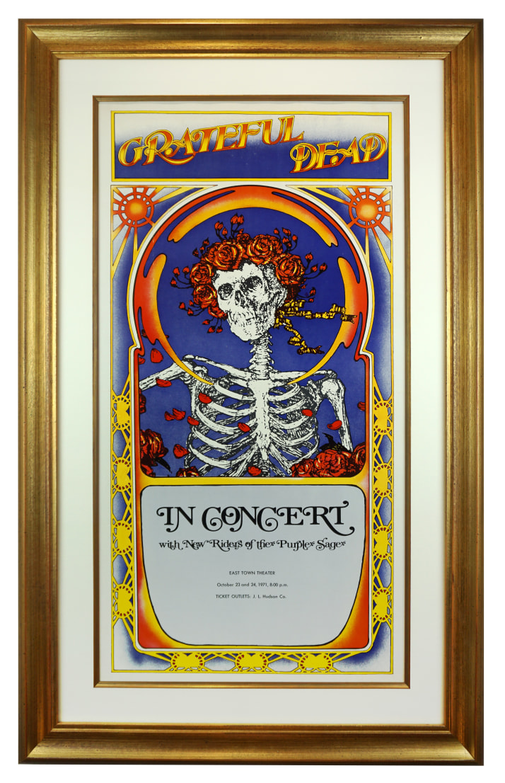  1971 Tour Blank for Grateful Dead by Stanley Kelley and Alton Kelley. Skeleton & Roses motif also know as skull and roses. This show was at the East Town theatre (Eastown) in Detroit