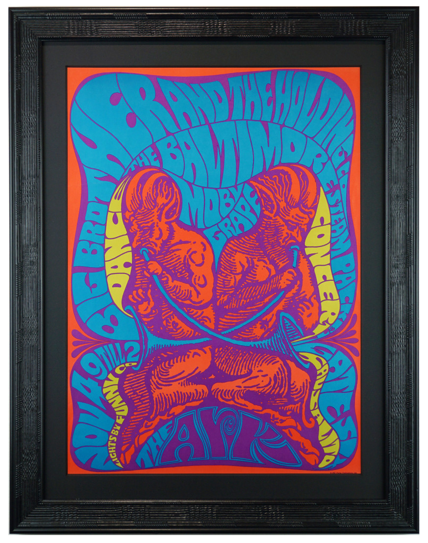 AOR 2.311 poster done in 1967 for Big Brother and the Holding Company at The Ark in Sausalito. Baltimore Steam Packet poster. Moby Grape poster by John Lichtenwalner in 1967