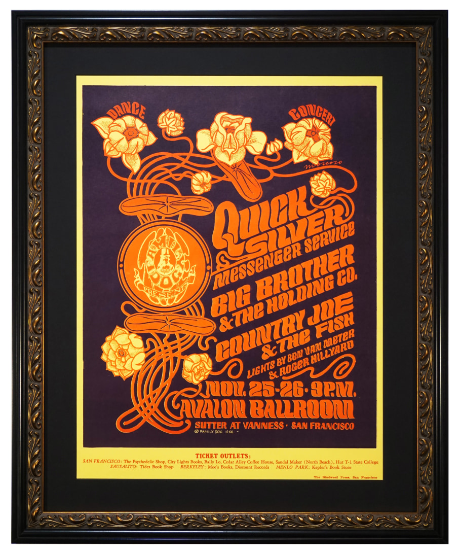 FD-36 Original 1966 poster for Quicksilver Messenger Service, Big Brother & The Holding Company and Country Joe & The Fish at the Avalon Ballroom November 25-26, 1966 by Victor Moscoso. Poster features art nouveau style flowers