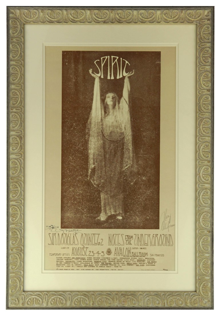 FD-134 Spirit poster by Stanely Mouse, August 1968. Sepia-toned Anna Pavlova in flowing gown poster. Sir Douglad Quintet poster. Randy California-signed poster.