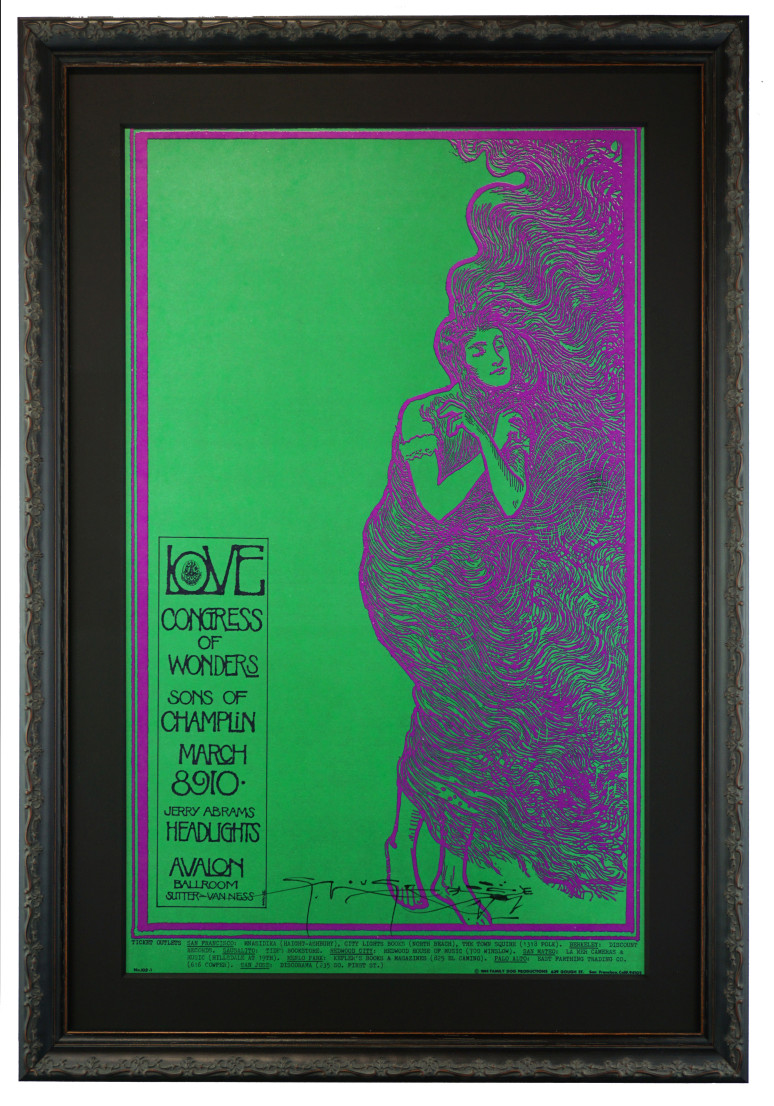 FD-109  Art Nouveau poster by Stanley Mouse called Lovelady, advertising 1968 concert by Love, Congress of Wonders and Sons of Champlin at Avalon Ballroom