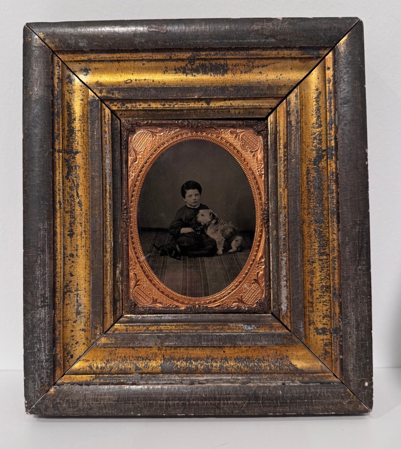 ¼ AMBROTYPE OF YOUNG BOY WITH A TERRIER DOG ON A LONG LEASH