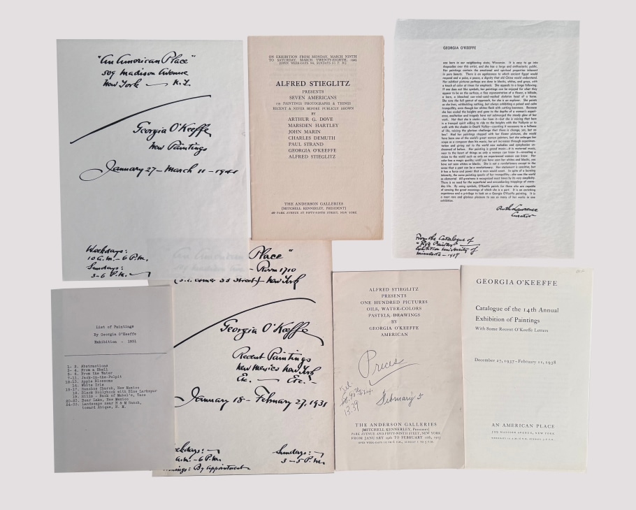 O'KEEFFE'S PERSONAL FILE SET OF GALLERY CATALOGUES AND OTHER PUBLICATIONS FROM EXHIBITIONS AT 291, THE ANDERSON GALLERIES, THE INTIMATE GALLERY, AN AMERICAN PLACE, AND ELSEWHERE, 1917–1958