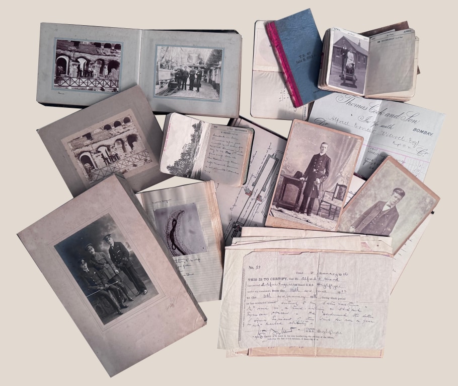 SOME PERSONAL PAPERS OF ALFRED WARD, R.N. INCLUDING HIS 1910 ALBUM OF MICROPHOTOGRAPHY, DIARIES WITH PHOTOS AND RELATED EPHEMERA