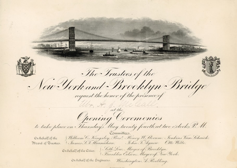 1883 INVITATION TO THE OPENING OF THE BROOKLYN BRIDGE