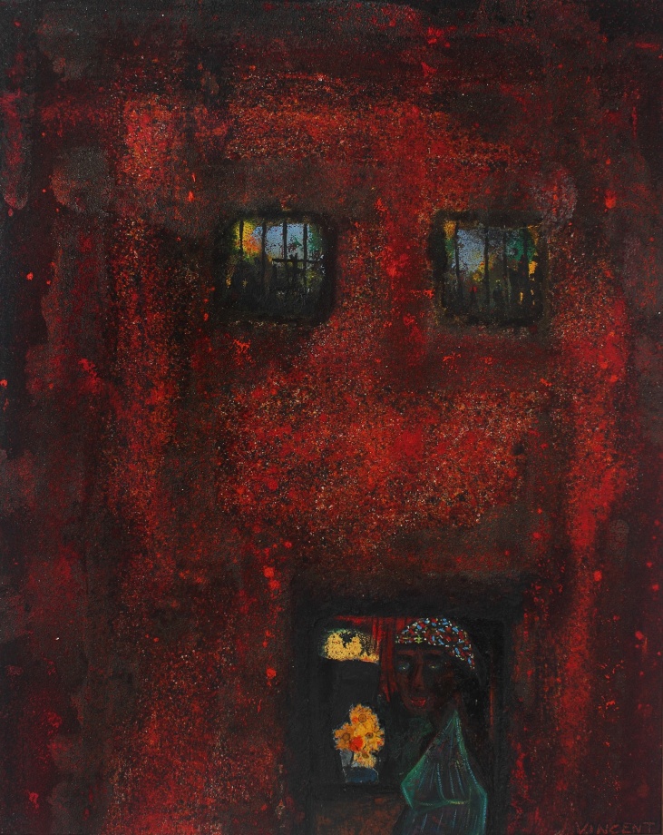 Apple Pies for the Kids, 1971, oil and sand on canvas, 48 x 38 1/2 inches