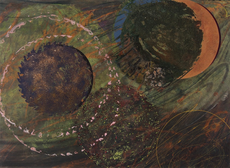 Not About, 1986, acrylic, bead, sand and shell on paper, 15 3/4 x 21 1/2 inches