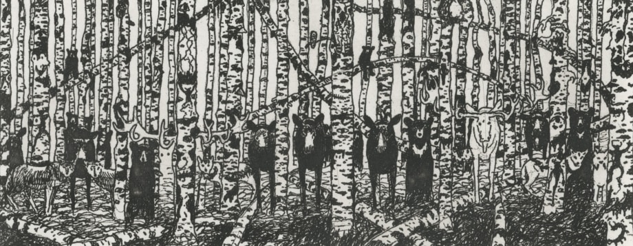 Watchers, 2020, etching on paper, 4 3/4 x 11 inches