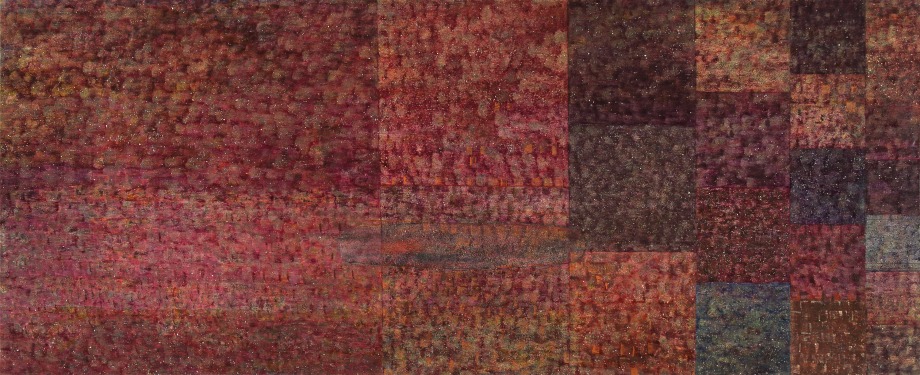 Becoming This, 1999, oil, isobutyl methacrylate, enamel, shell, bead and sand on linen 49 x 120 inches