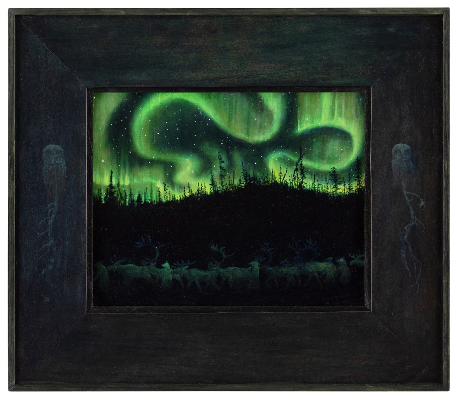 Onijishabaminagos, 2022, oil on plywood, 11 3/4 x 13 5/8 inches, including artist&#039;s hand painted frame