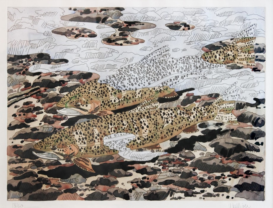 Trout And Reflections,&nbsp;1980, hand colored etching, 29 1/2 x 36 inches