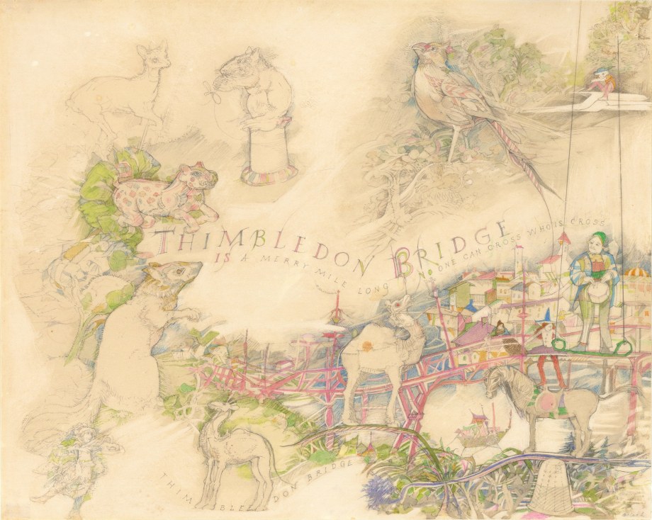 Thimbledon Bridge Illustration (page 18), 1965-1970, colored pencil and graphite on paper, 11 1/4 x 14 inches