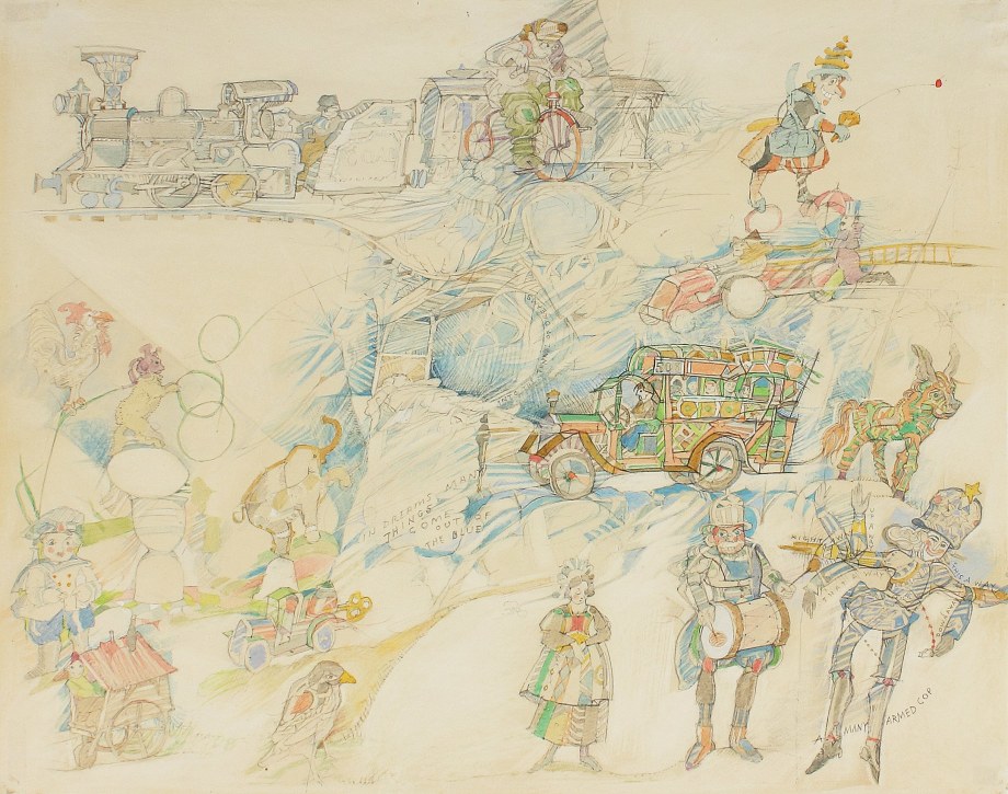 Thimbledon Bridge Illustrations (page 04- Half Title Page), 1965-1970, colored pencil and graphite on paper, 11 1/4 x 14 inches