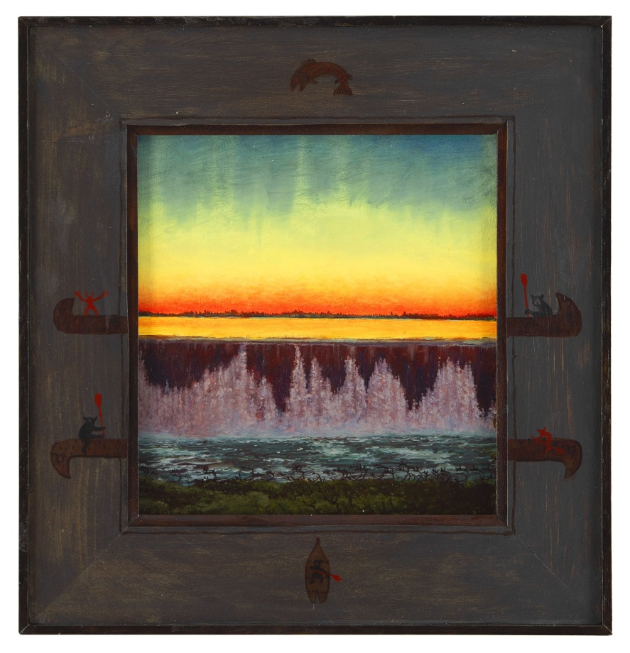 Nin Mawiigon, 2022, oil on luan plywood, 13 1/2 x 13 inches, including artist&#039;s hand painted frame