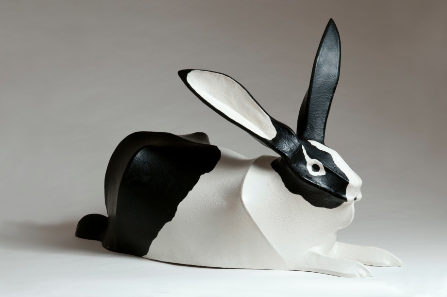 Black And White Rabbit, 1970, polyester resin coated canvas over wood polychrome, 24 1/4 x 16 1/2 x 40 inches