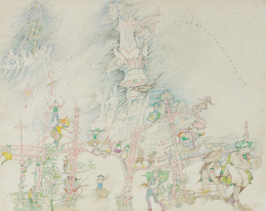 Thimbledon Bridge Illustration (page 20), 1965-1970, colored pencil and graphite on paper, 11 1/4 x 14 inches
