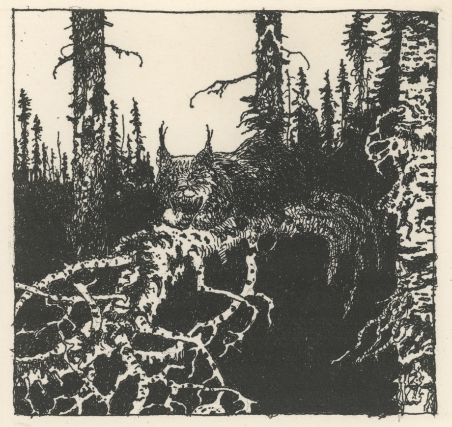 Lynx Dance, 2020, etching on paper, 8 1/4 x 7 1/4 inches