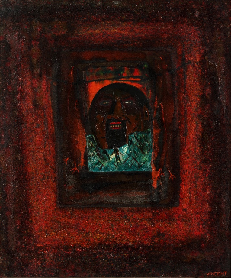 Ritual Man, ca. 1972, oil and sand on canvas, 40 x 48 inches